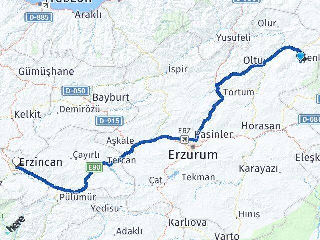 Erzurum Şenkaya Erzincan Arası Kaç Km - Yol Haritası