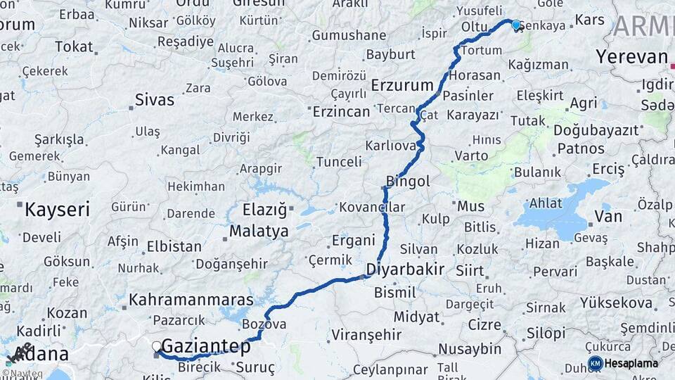 Erzurum Şenkaya Gaziantep Arası Kaç Km - Yol Haritası