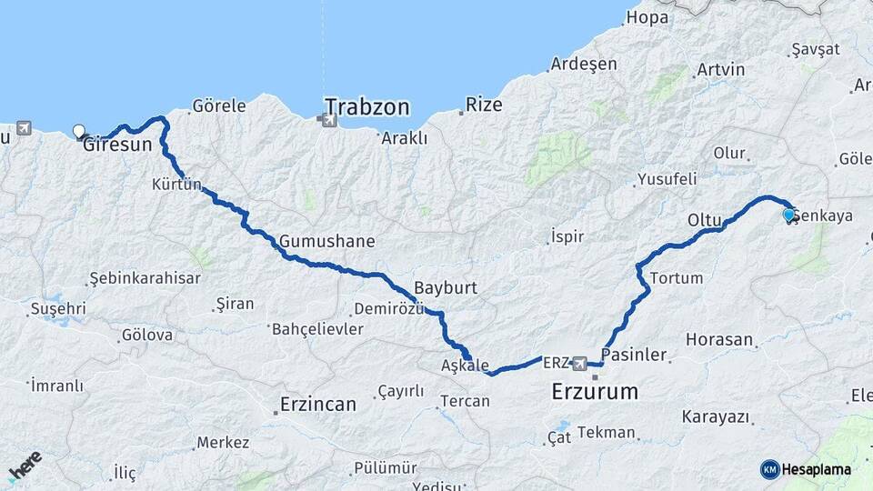 Erzurum Şenkaya Giresun Arası Kaç Km - Yol Haritası