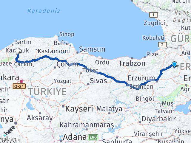 Erzurum Şenkaya Karabük Arası Kaç Km - Yol Haritası