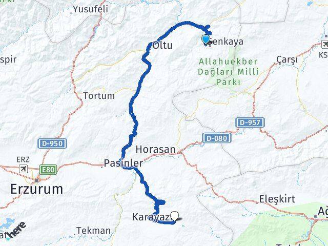 Erzurum Şenkaya Karayazı Arası Kaç Km - Yol Haritası