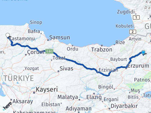 Erzurum Şenkaya Kastamonu Arası Kaç Km - Yol Haritası