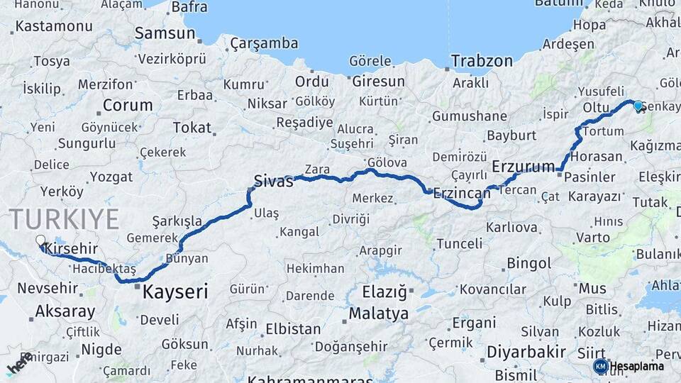 Erzurum Şenkaya Kırşehir Arası Kaç Km - Yol Haritası