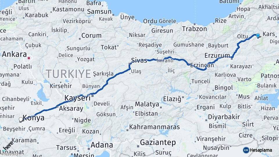 Erzurum Şenkaya Konya Arası Kaç Km - Yol Haritası