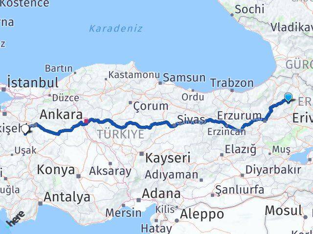 Erzurum Şenkaya Kütahya Arası Kaç Km - Yol Haritası