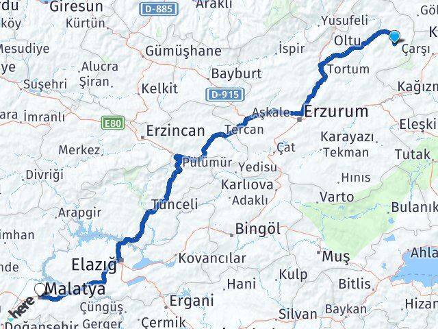 Erzurum Şenkaya Malatya Arası Kaç Km - Yol Haritası