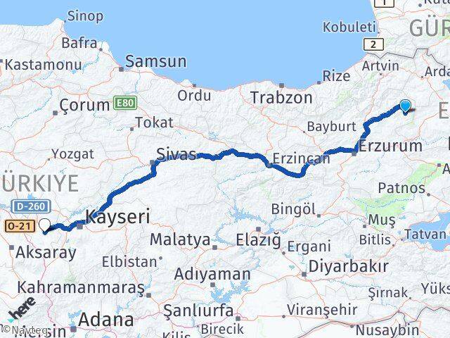 Erzurum Şenkaya Nevşehir Arası Kaç Km - Yol Haritası