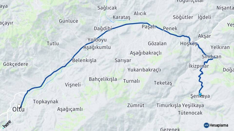 Erzurum Şenkaya Oltu Arası Kaç Km - Yol Haritası