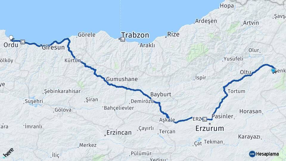 Erzurum Şenkaya Ordu Arası Kaç Km - Yol Haritası