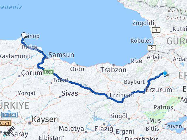 Erzurum Şenkaya Sinop Arası Kaç Km - Yol Haritası