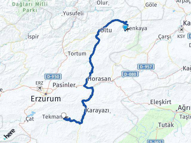 Erzurum Şenkaya Tekman Arası Kaç Km - Yol Haritası