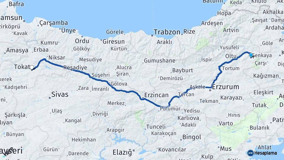 Erzurum Şenkaya Tokat Arası Kaç Km - Yol Haritası