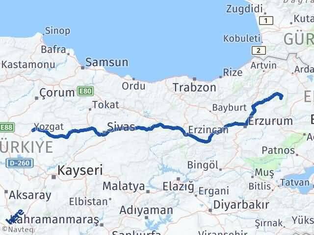 Erzurum Şenkaya Yozgat Arası Kaç Km - Yol Haritası