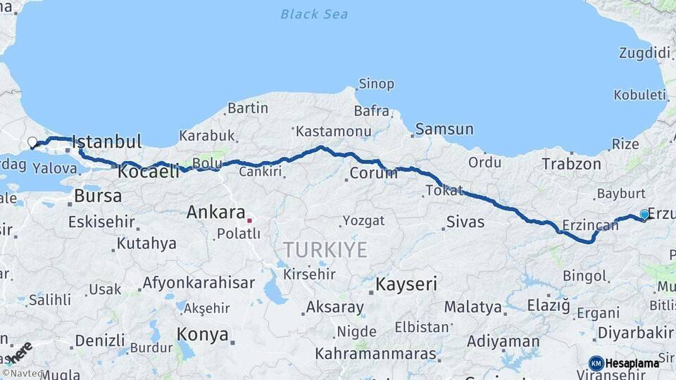 Erzurum Silivri İstanbul Arası Kaç Km - Yol Haritası