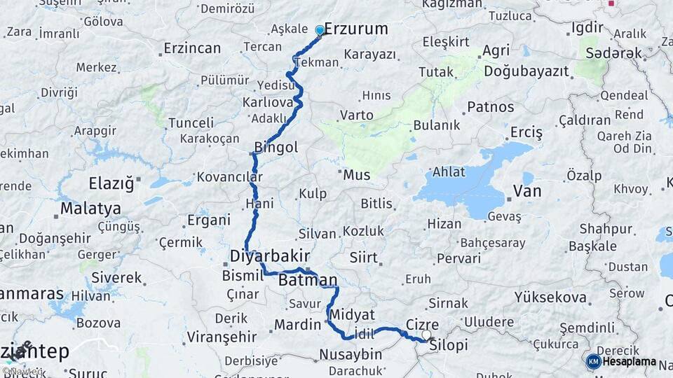 Erzurum Silopi Şırnak Arası Kaç Km - Yol Haritası