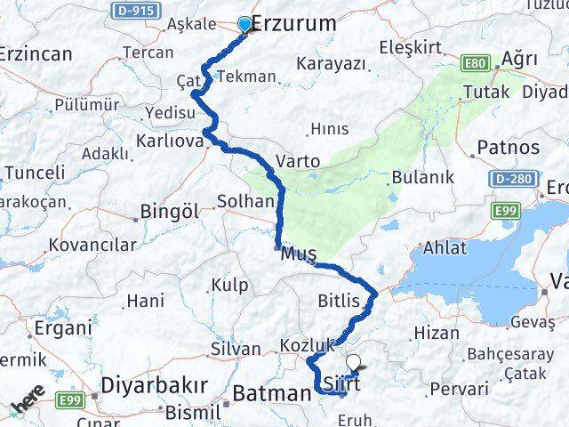 Erzurum Şirvan Siirt Arası Kaç Km - Yol Haritası