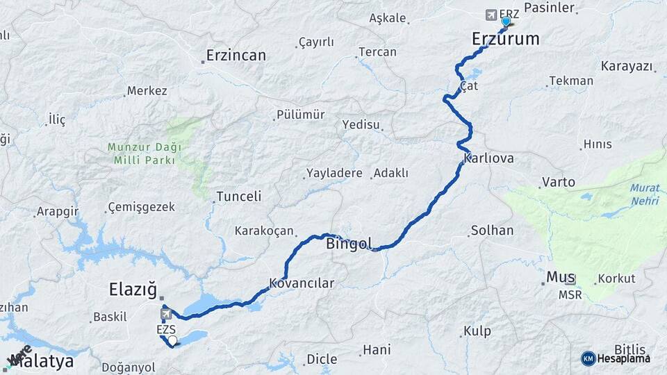 Erzurum Sivrice Elazığ Arası Kaç Km - Yol Haritası