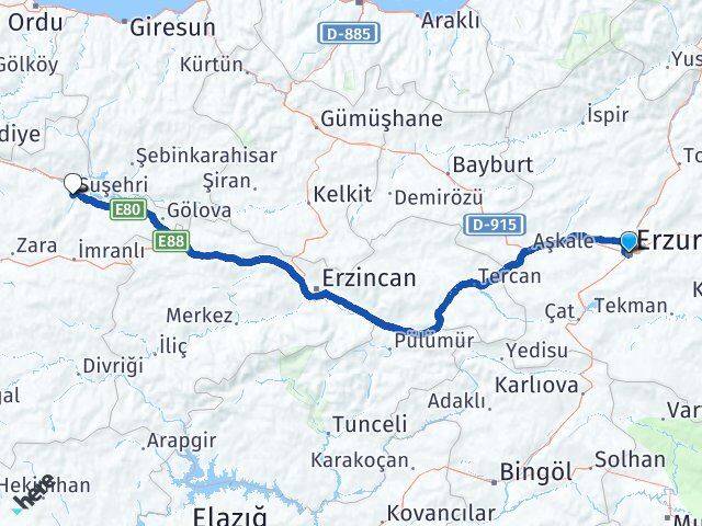 Erzurum Suşehri Sivas Arası Kaç Km - Yol Haritası