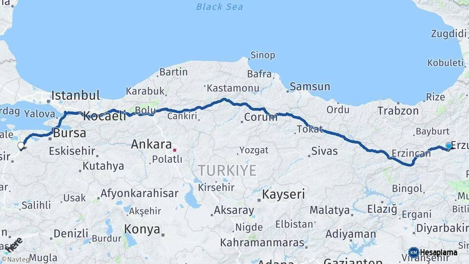 Erzurum Susurluk Balıkesir Arası Kaç Km - Yol Haritası