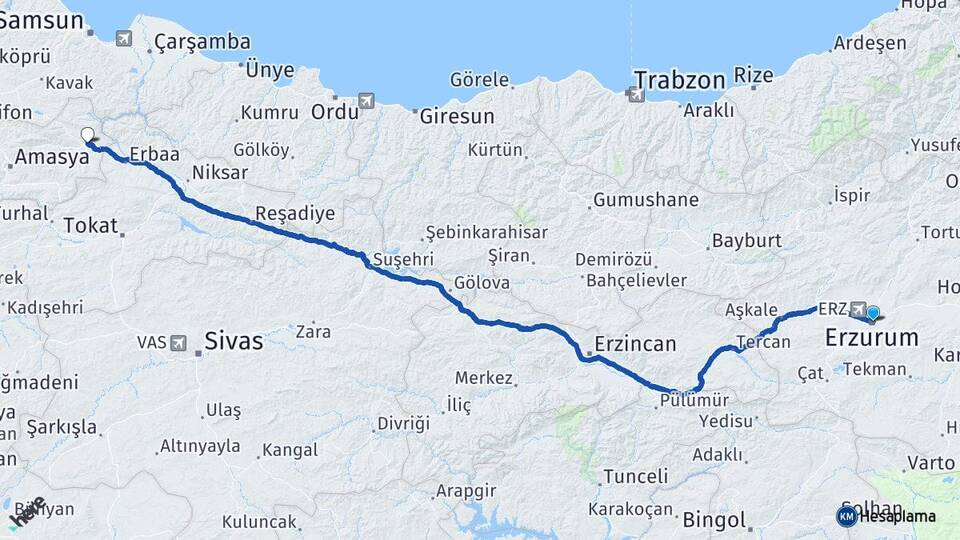 Erzurum Taşova Amasya Arası Kaç Km - Yol Haritası