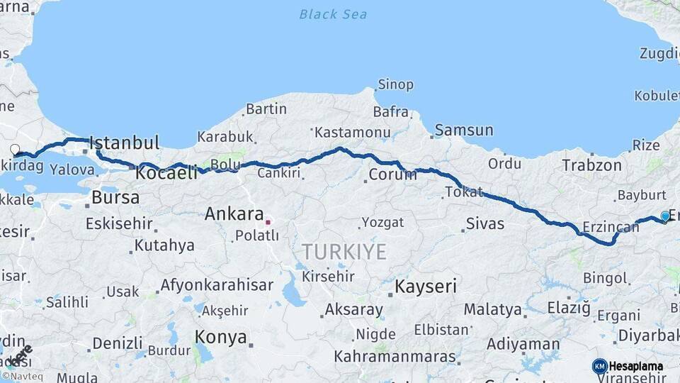 Erzurum Tekirdağ Arası Kaç Km - Yol Haritası
