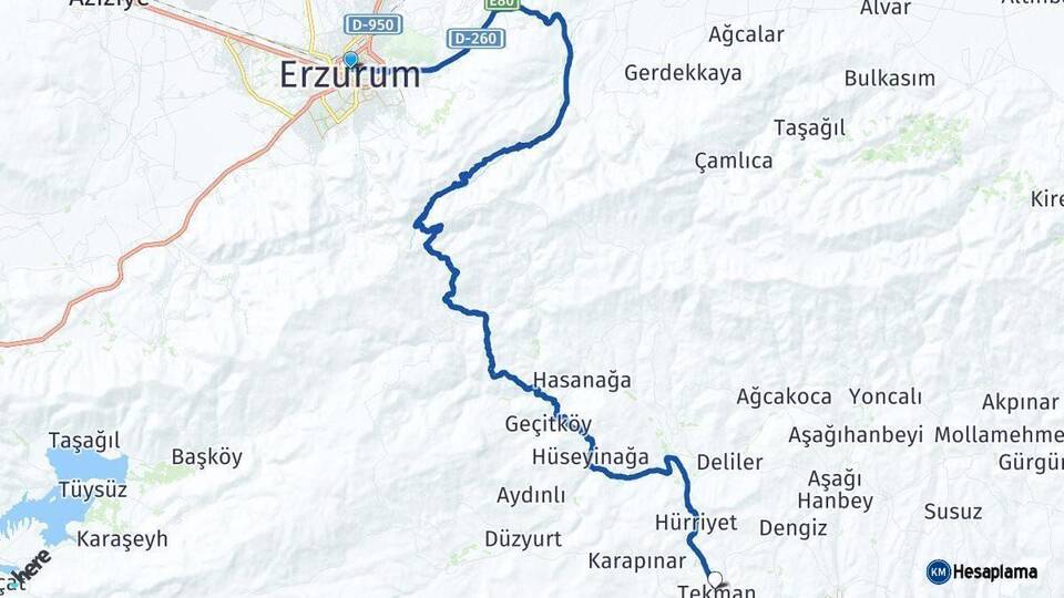 Erzurum Tekman Arası Kaç Km - Yol Haritası