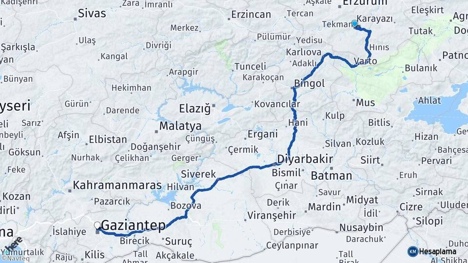 Erzurum Tekman Gaziantep Arası Kaç Km - Yol Haritası