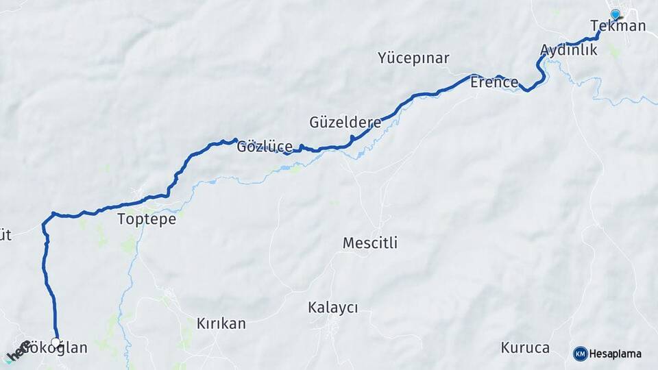 Erzurum Tekman Gökoğlan Tekman Arası Kaç Km - Yol Haritası