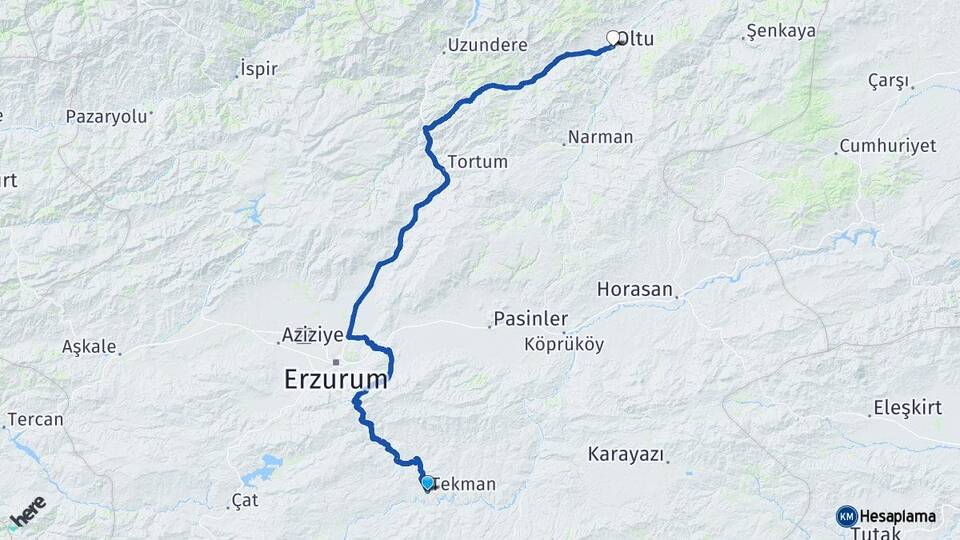 Erzurum Tekman Oltu Arası Kaç Km - Yol Haritası