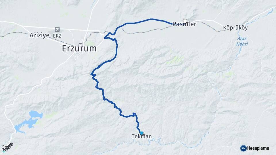 Erzurum Tekman Pasinler Arası Kaç Km - Yol Haritası