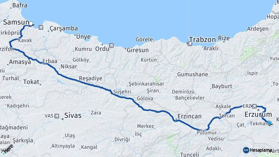 Erzurum Tekman Samsun Arası Kaç Km - Yol Haritası