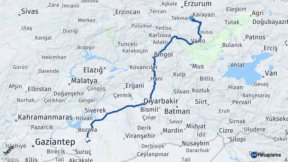 Erzurum Tekman Şanlıurfa Arası Kaç Km - Yol Haritası