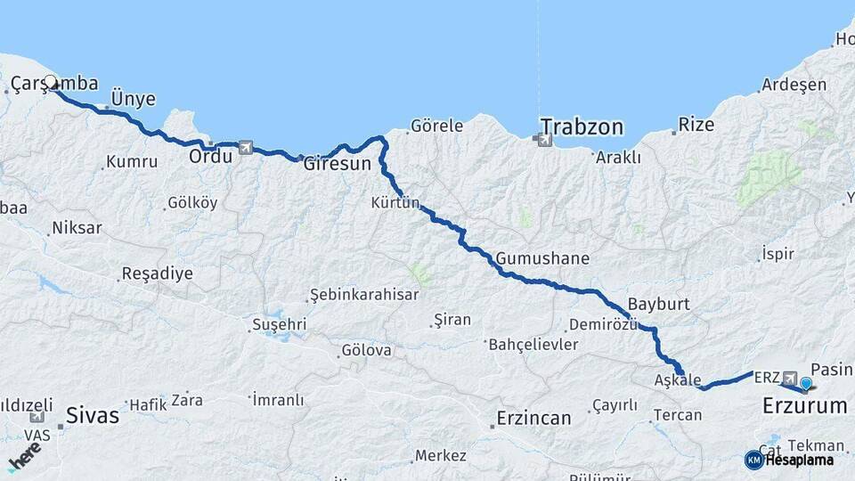 Erzurum Terme Samsun Arası Kaç Km - Yol Haritası