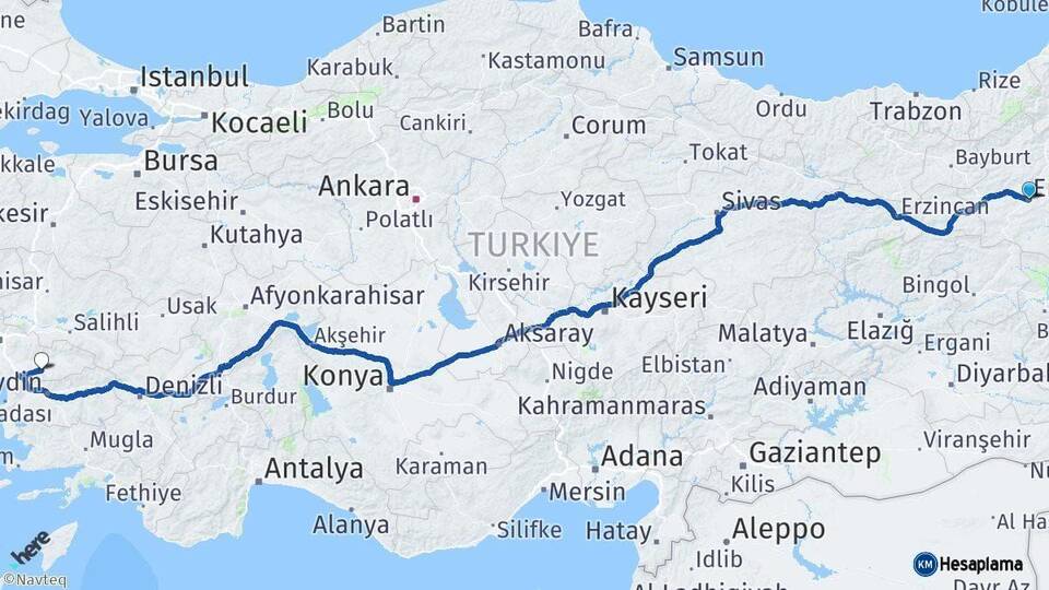 Erzurum Tire İzmir Arası Kaç Km - Yol Haritası