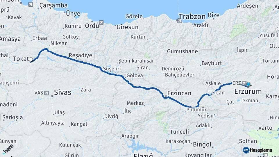Erzurum Tokat Arası Kaç Km - Yol Haritası