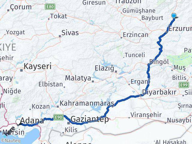 Erzurum Tortum Adana Arası Kaç Km - Yol Haritası
