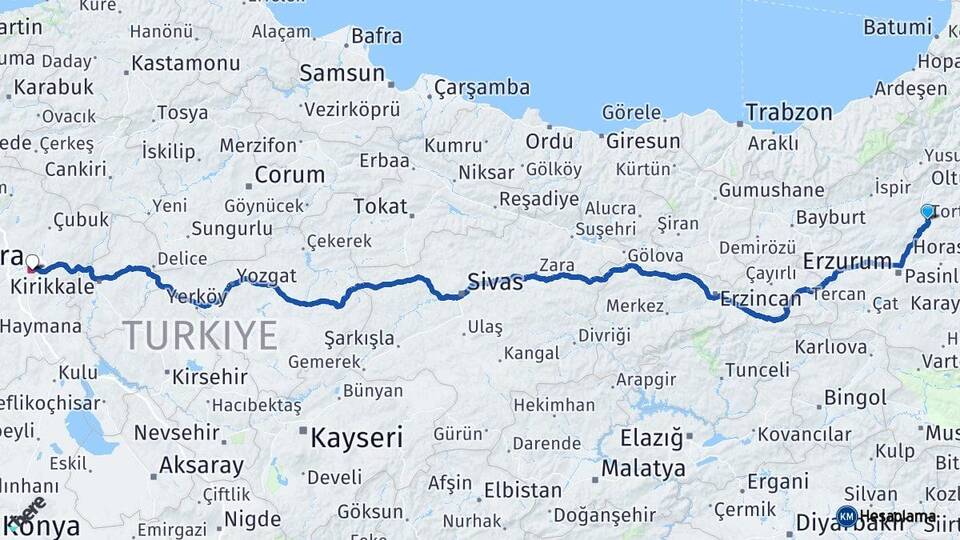 Erzurum Tortum Ankara Arası Kaç Km - Yol Haritası