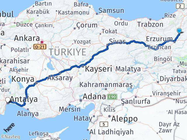 Erzurum Tortum Antalya Arası Kaç Km - Yol Haritası