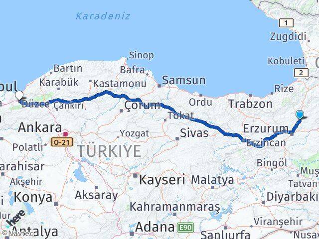 Erzurum Tortum Düzce Arası Kaç Km - Yol Haritası