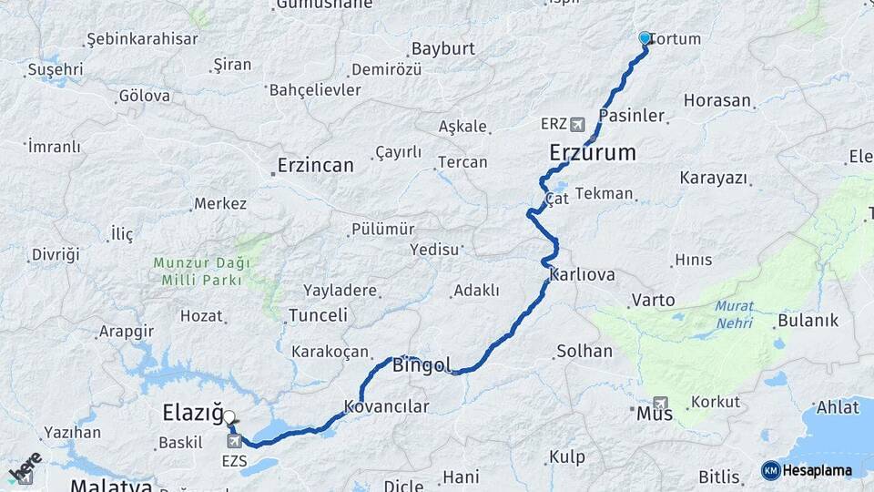 Erzurum Tortum Elazığ Arası Kaç Km - Yol Haritası