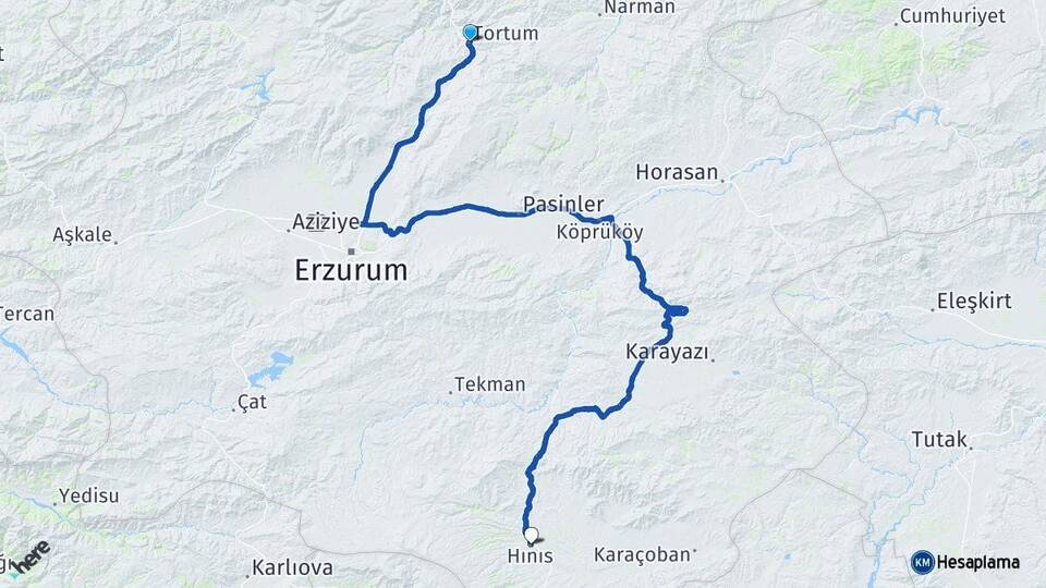 Erzurum Tortum Hınıs Arası Kaç Km - Yol Haritası