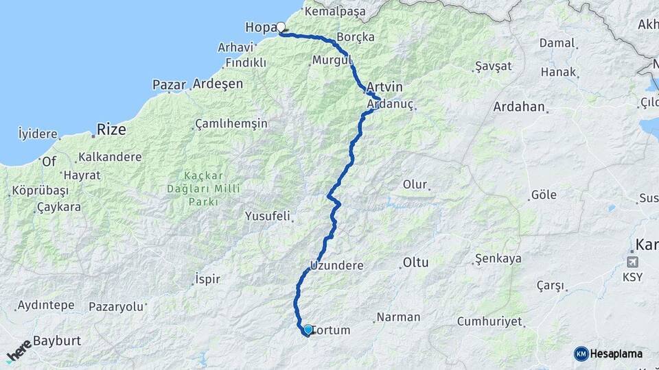 Erzurum Tortum Hopa Artvin Arası Kaç Km - Yol Haritası