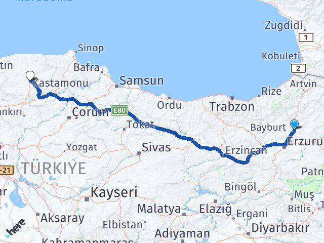 Erzurum Tortum Kastamonu Arası Kaç Km - Yol Haritası