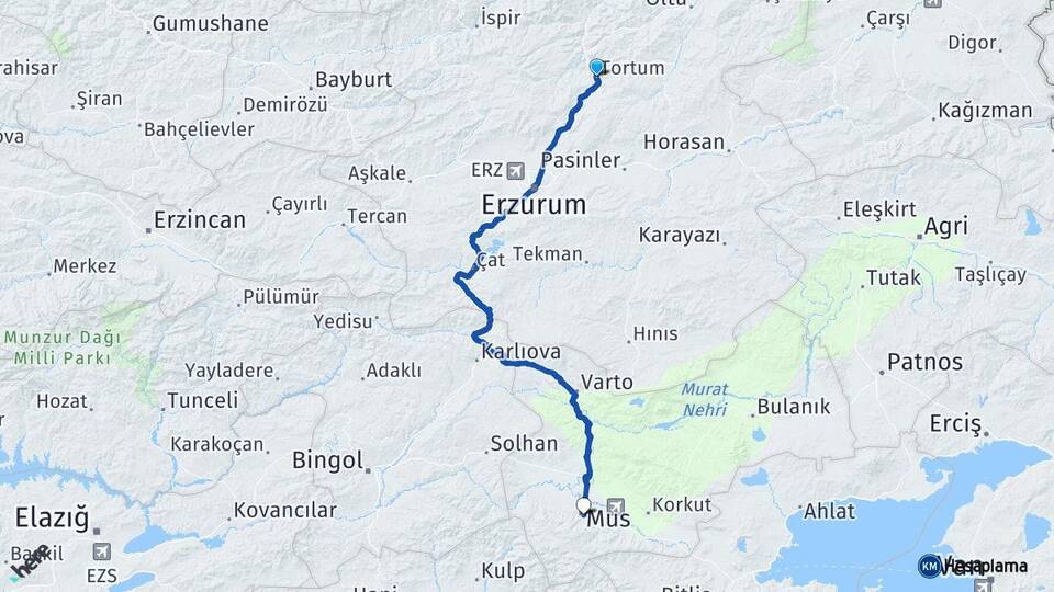 Erzurum Tortum Muş Arası Kaç Km - Yol Haritası
