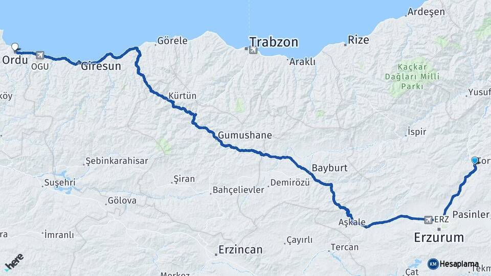 Erzurum Tortum Ordu Arası Kaç Km - Yol Haritası