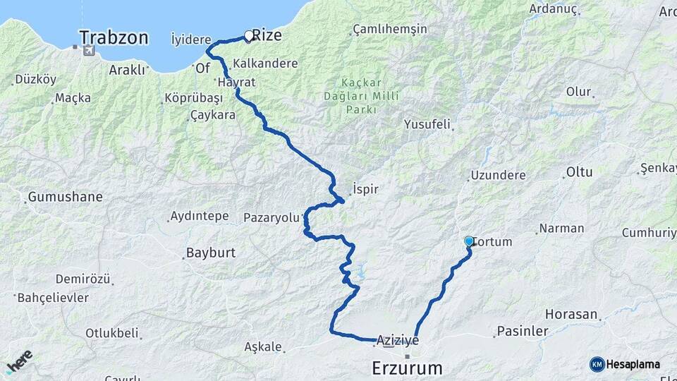 Erzurum Tortum Rize Arası Kaç Km - Yol Haritası