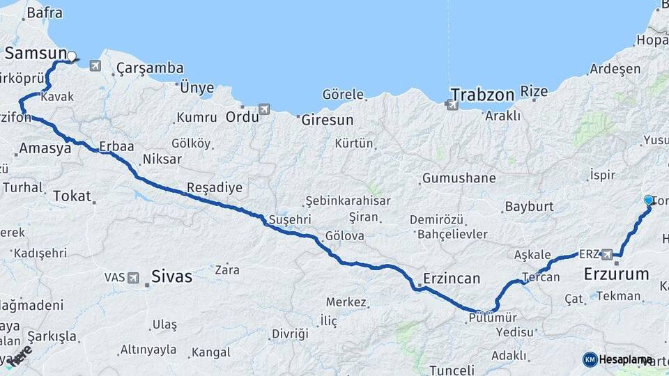 Erzurum Tortum Samsun Arası Kaç Km - Yol Haritası