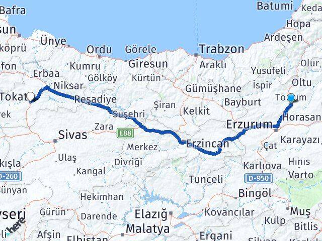Erzurum Tortum Tokat Arası Kaç Km - Yol Haritası