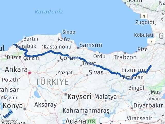 Erzurum Tortum Zonguldak Arası Kaç Km - Yol Haritası