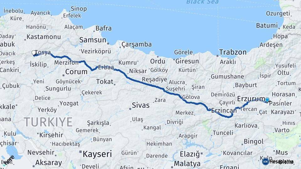 Erzurum Tosya Kastamonu Arası Kaç Km - Yol Haritası